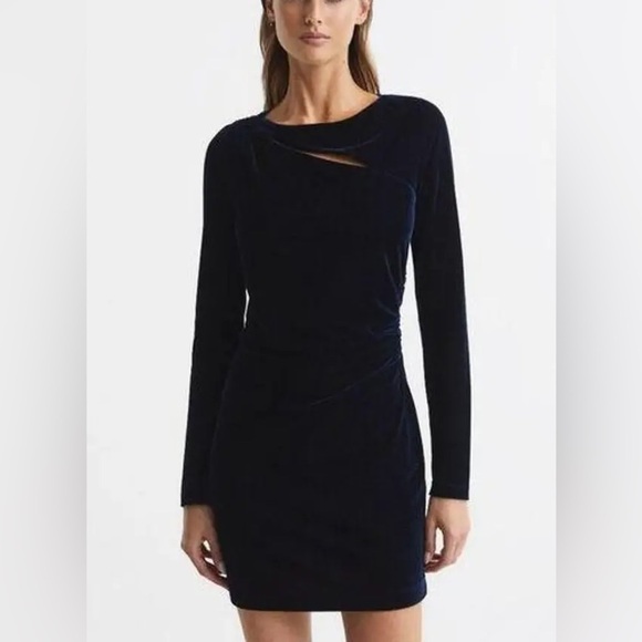 Reiss Katie Cut Out Velvet Mini Dress Navy Size 8 - Picture 4 of 11